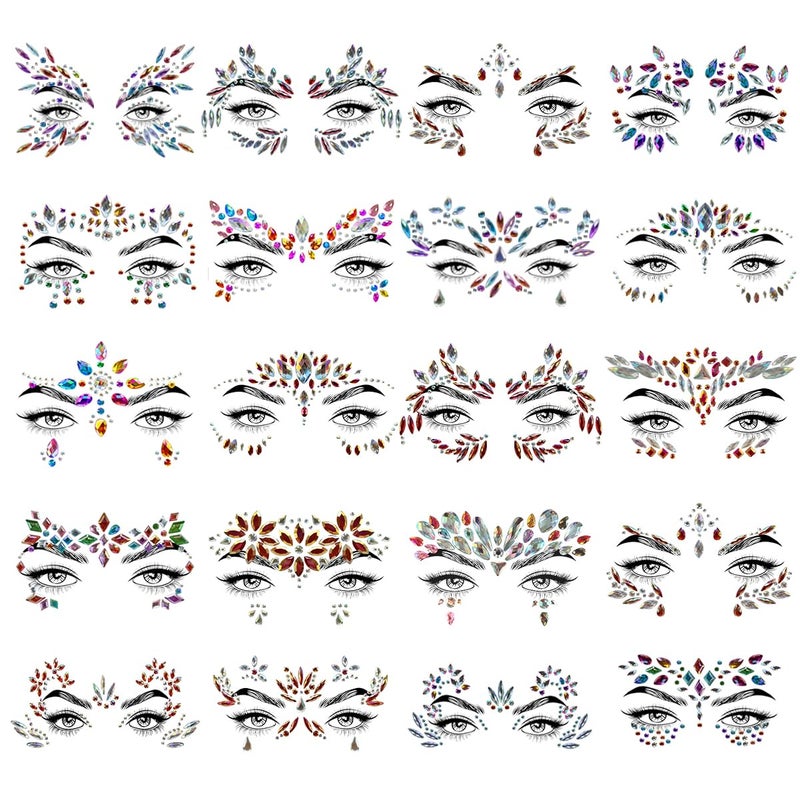 Allruyee 20 Sets Face Jewels Face Gems Mermaid Glitter Rhinestone Crystal Sticker Waterproof Eyes Face Temporary Tattoos For Party,Rave Festival,Carnival,Holiday Costumes,Rave Accessories,Makeup - Image 1